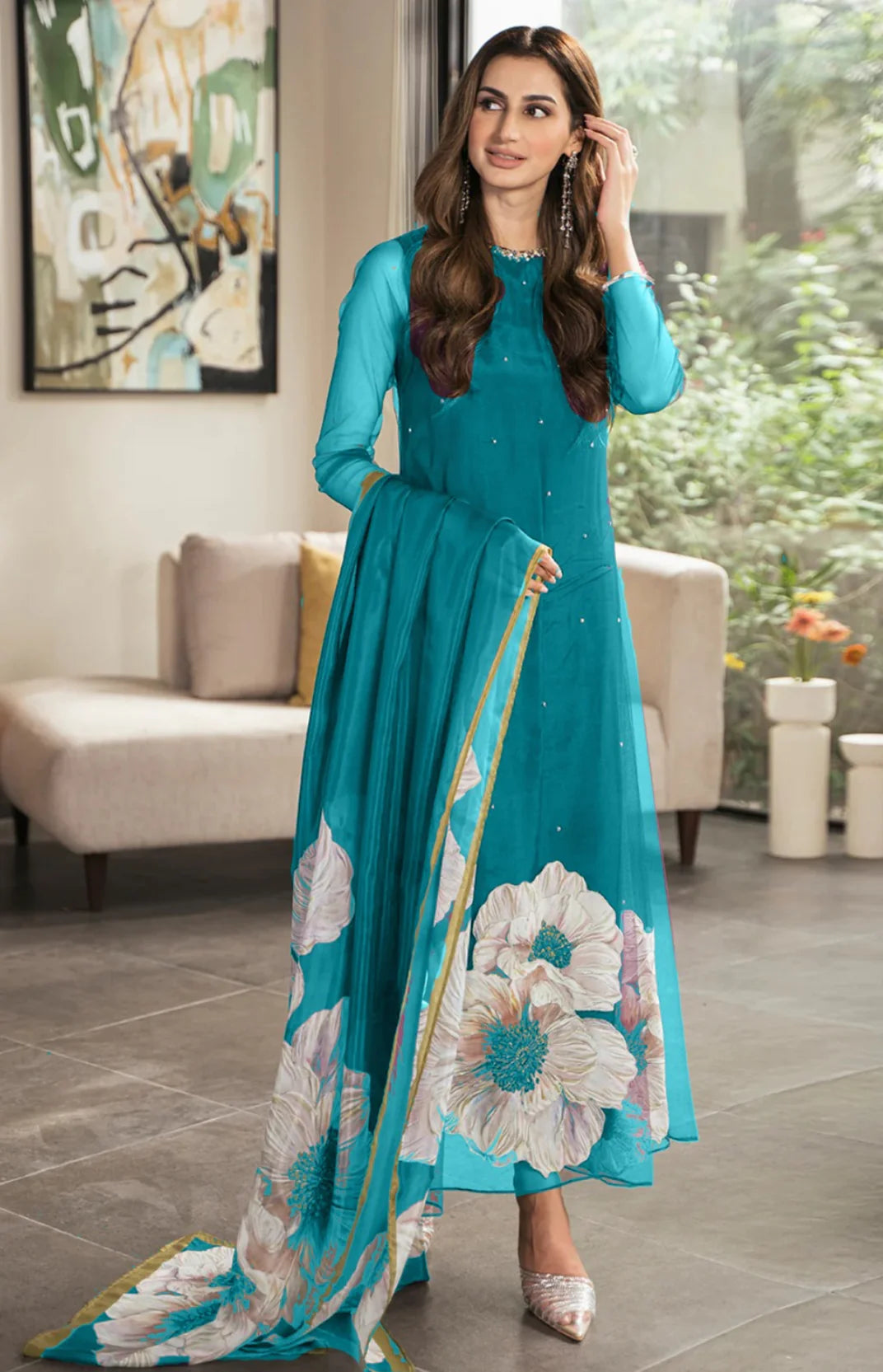 Lulusar Green Digital Silk Embroidery Dress Party Wear Collection Emarlad Wear