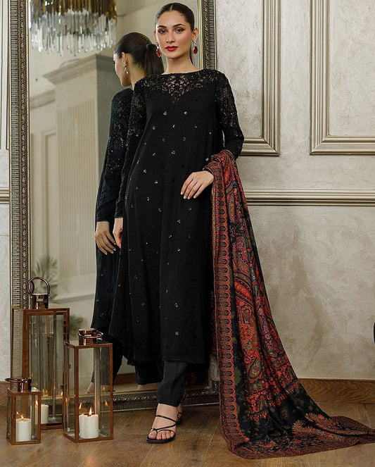 Therds & MOTIFS BLACK EMBROIDERED CHARMEUSE SILK DRESS