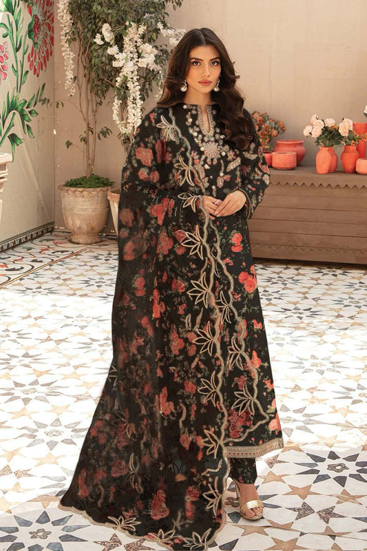 Floral Print Black New Arrival Pure Lawn Digital Hand Work Dress