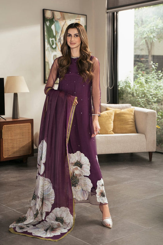 Lulusar Purple Digital Silk Embroidery Dress