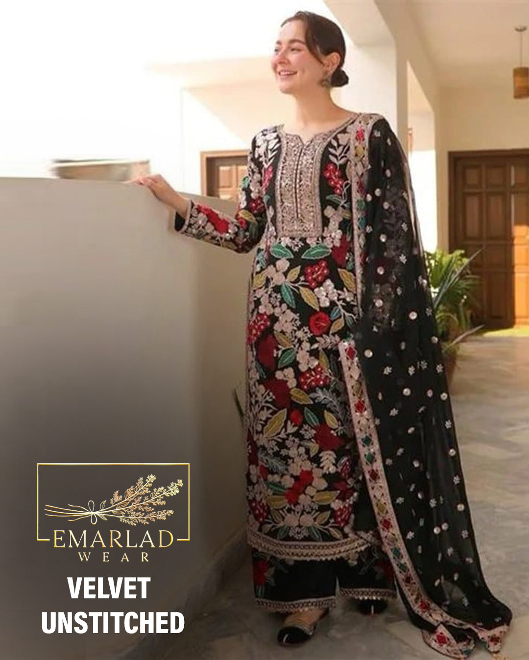 Hania Amir - Black Multi - Velvet Micro 9000