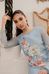 Lulusar Sky Blue Digital Print Silk Hand Work Embroidery Dress 3pc