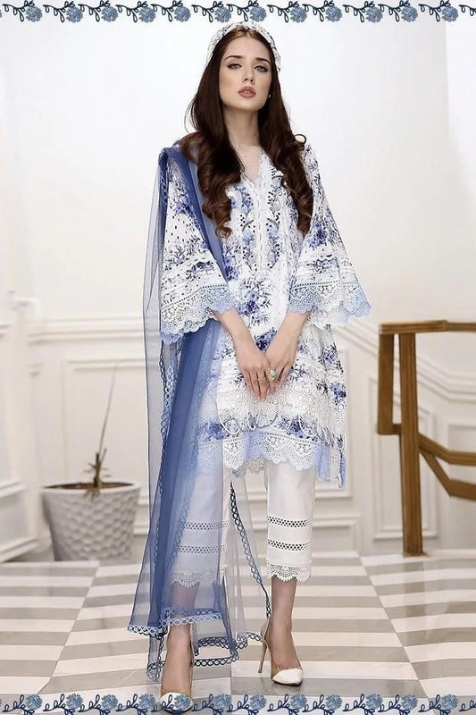 FARIDA HASSAN WHITE & BLUE CHIKANKARI LAWN DRESS