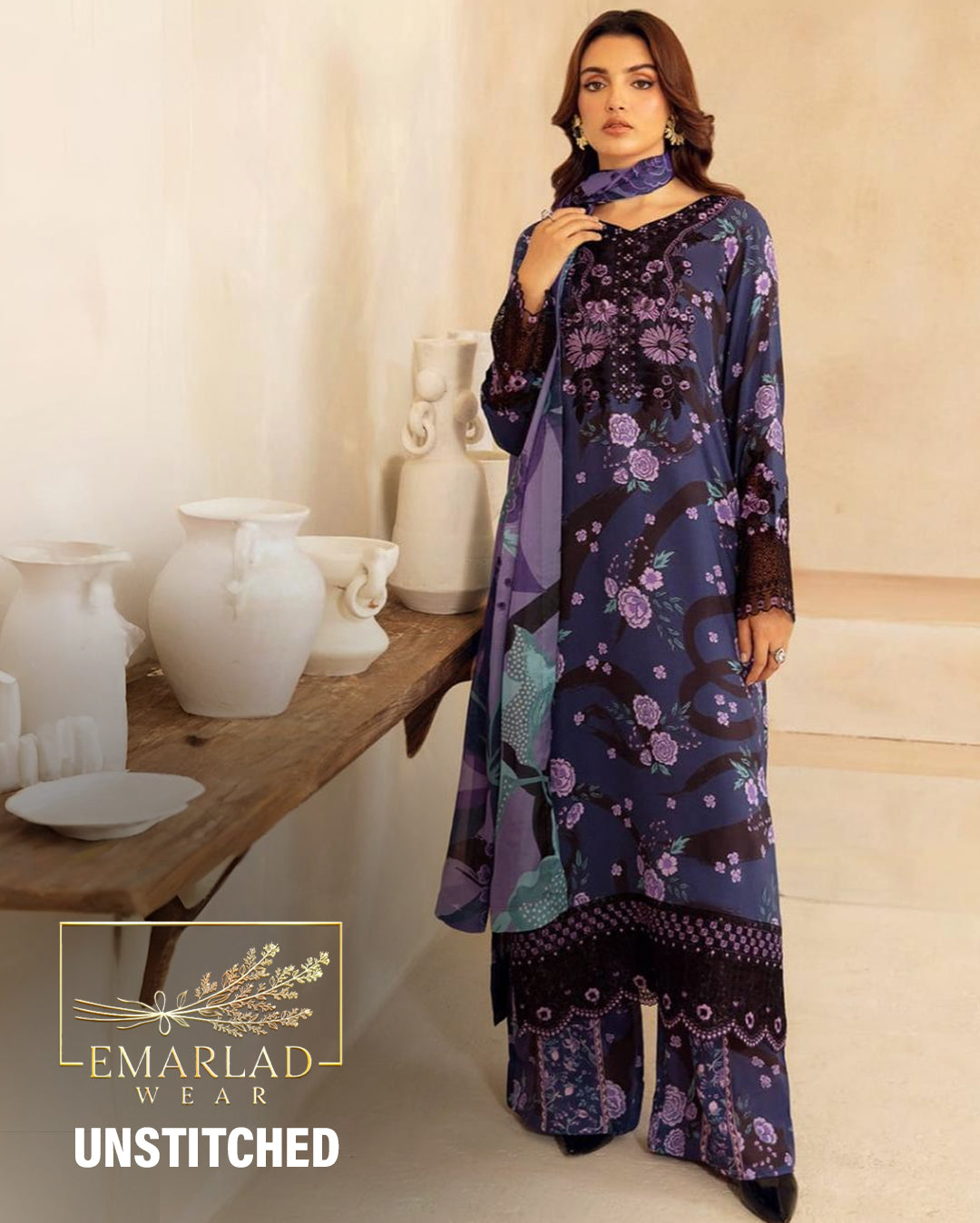 Farasha | Black Grey Purple Flower  - Digital Lawn Collection