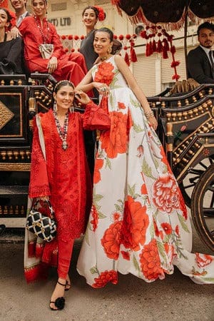 Mushq Red Chikankari Lawn Dress Silk Dupatta