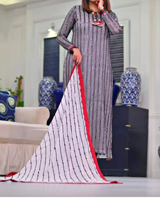 Nida Yasir Black & White Chiffon Dress 3pc