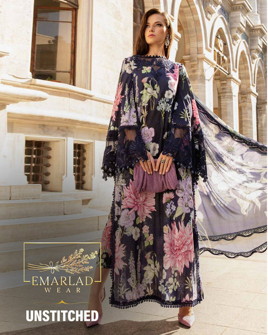 Maria b navy blue 3 Piece Unstitched Printed Cambric Suit | MPT-2306-B