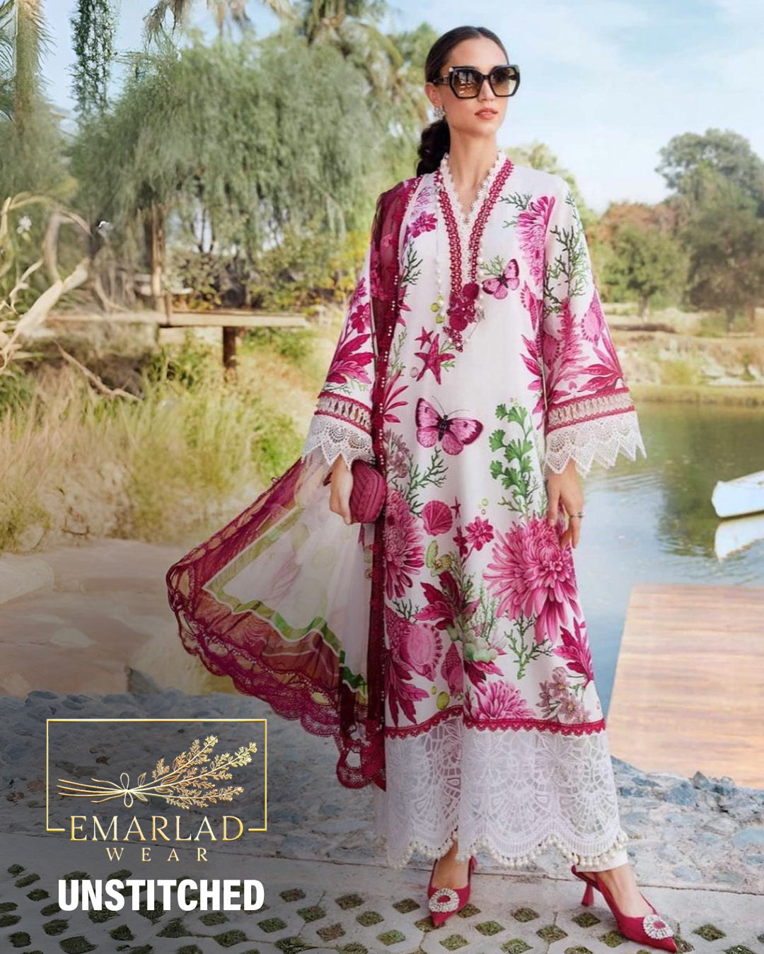 Maria B MPT-2511-A | White & Pink Butterfly - Lawn Eid Collection