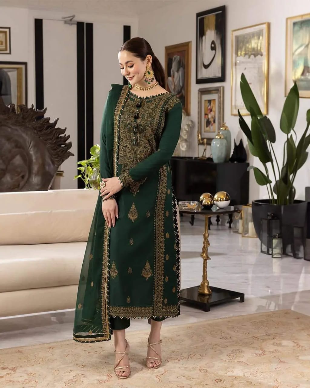 Asim Jofa Embroidered Chiffon Bottle Green 3 piece suit