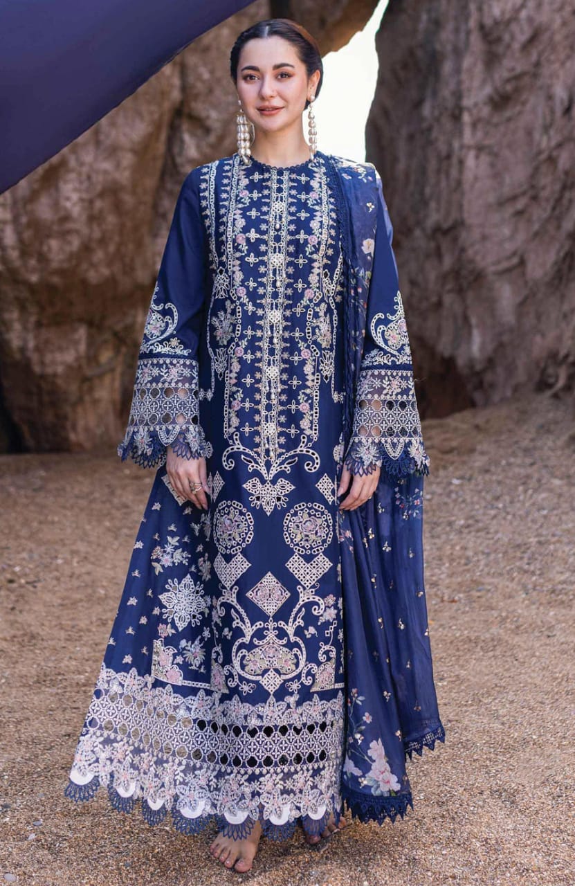 Qalamkar Blue Luxury Lawn Embroidery Dress 3pc