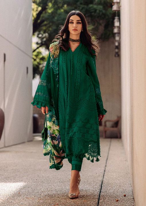 Saira Rizwan Bottle Green shiffle Chikankari Dress 3pc