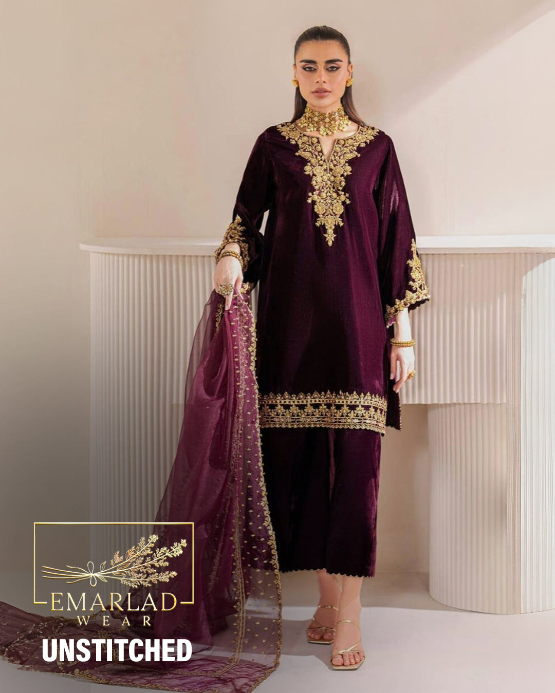 BAROQUE | EMBROIDERED VELVET PR-1023 - MAROON - MICRO 9000