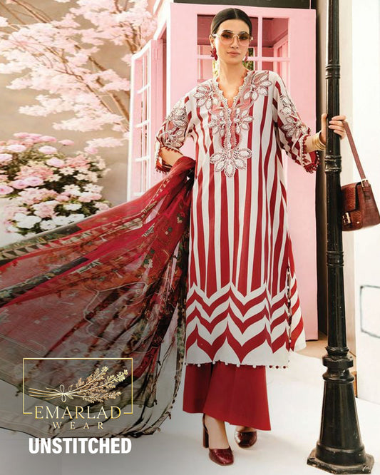 Maria B M-Print MPT-2609-A | Red & White Stripe  -  Lawn With Chiffon Dupatta Collection