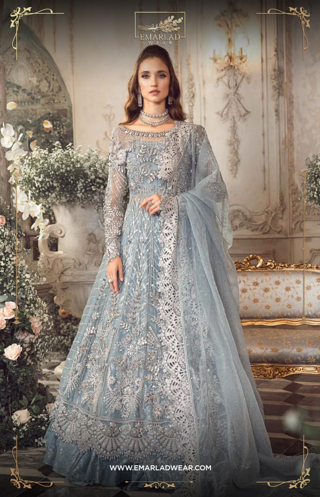 Maria B Sky Blue Wedding Collection Organza Dress Maxi Hand Work