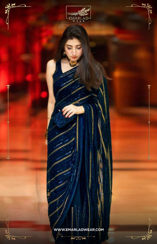 Maryam Nafees Blue Saree Chiffon fabric Wedding Collection