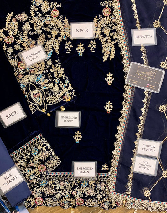 Eman Adeel Blue Velvet Formal Collection Hand Work 3pc