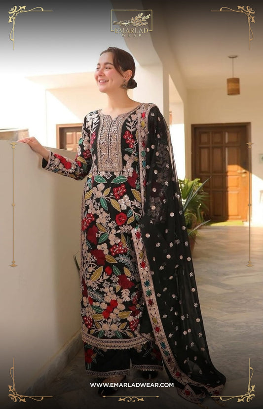 Hania Aamir Wear Black Lawn Fully Embroidery Dress 3pc