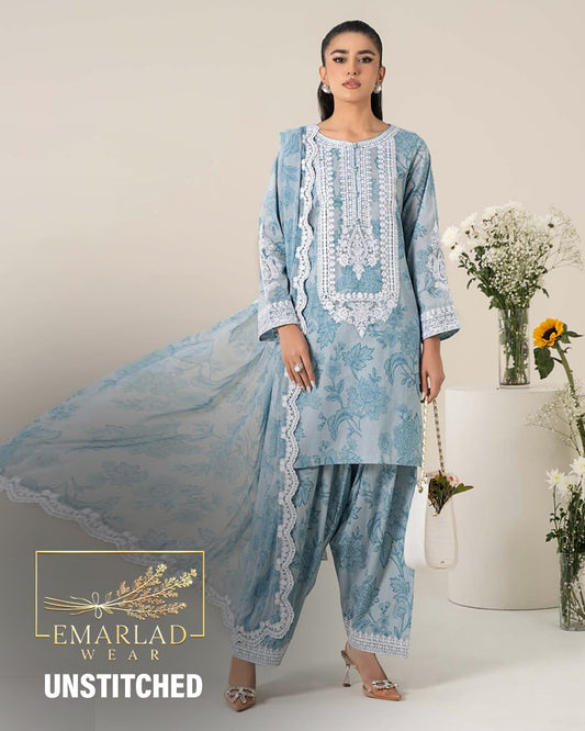 Maria B | Sky Blue - Printed  Lawn With Chiffon Embroidered Dupatta