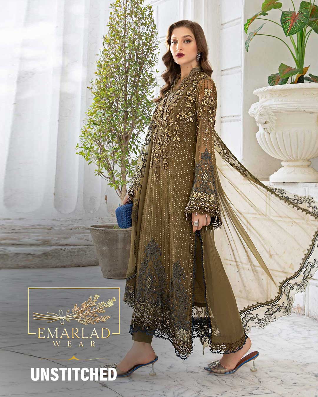 Maria b mehndi green Unstitched Embroidered Chiffon Suit