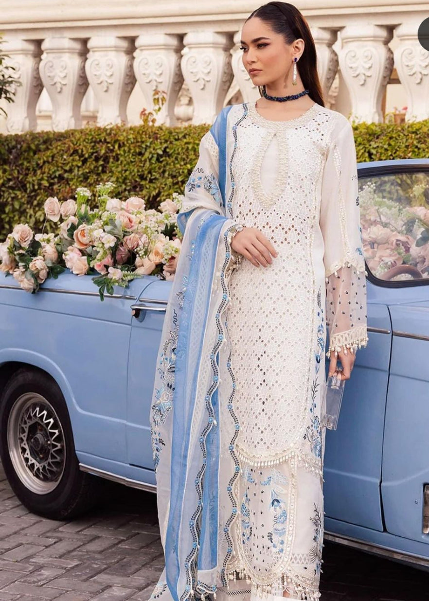 Hussain Rehar Sky Blue&off White Embroidery Lawn Luxury Dress