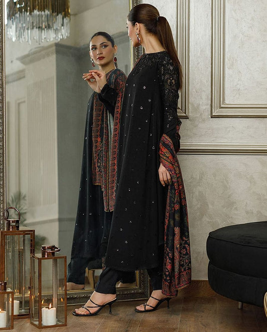 Therds & MOTIFS BLACK EMBROIDERED CHARMEUSE SILK DRESS