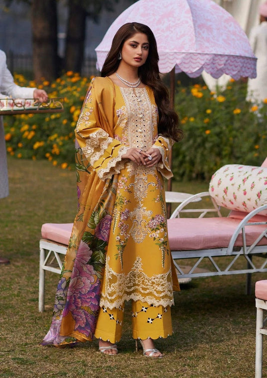 Elaf Mustard Pure Lawn Chikankari Embroidery Dress 3pc