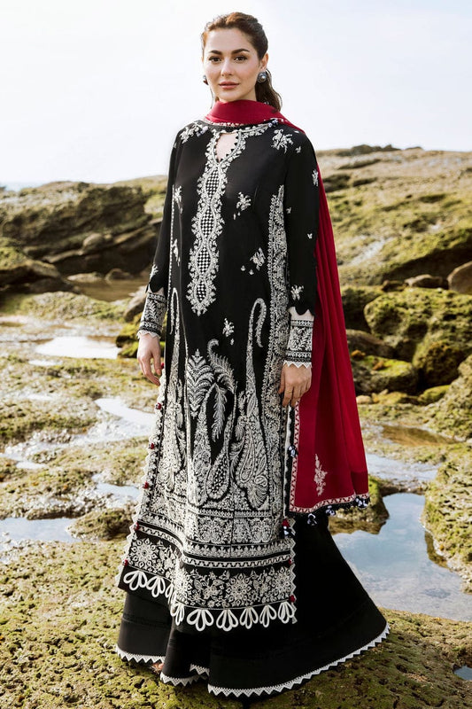 ZAHA BLACK & RED CHIKANKARI LAWN DRESS 3PC