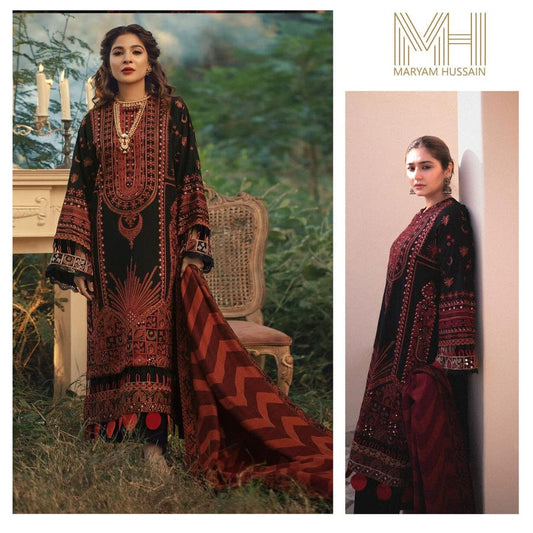 M.H Luxury Lawn Black & Rust Embroidery Dress 3pc