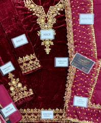 BAROQUE | EMBROIDERED VELVET PR-1023 - MAROON - MICRO 9000