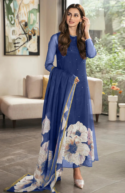 Lulusar Blue Digital Silk Embroidery Dress