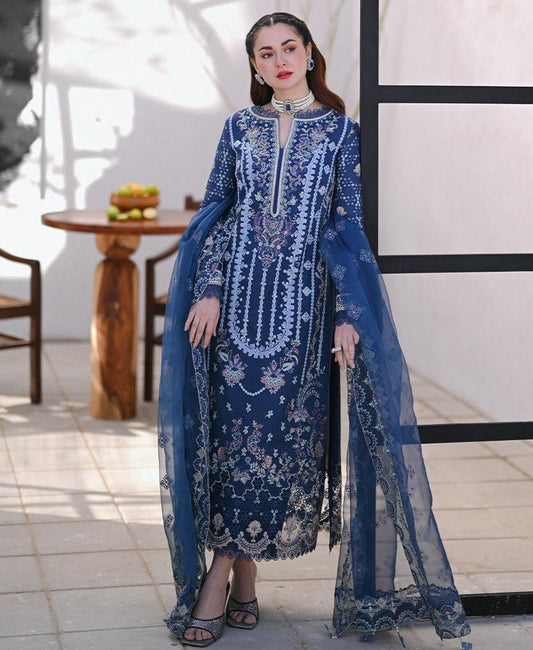 Qalamkar Blue Embroidery Dress Chikankari Collection