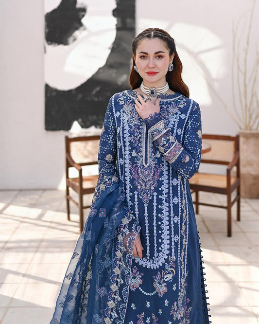 Qalamkar Blue Embroidery Dress Chikankari Collection