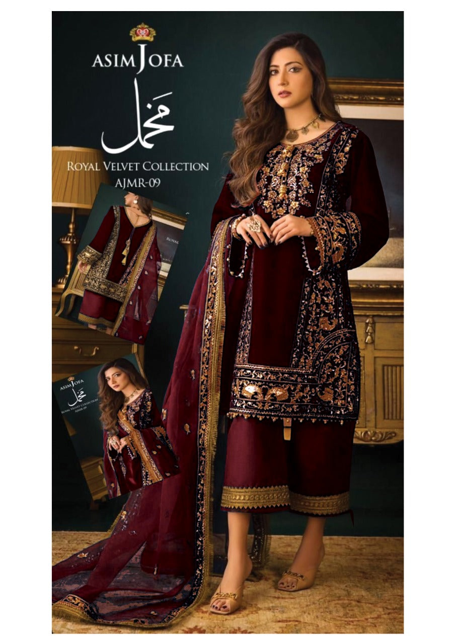 Asim Jofa Maroon Velvet Collection 3pc