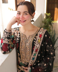 Hania Amir - Black Multi - Velvet Micro 9000