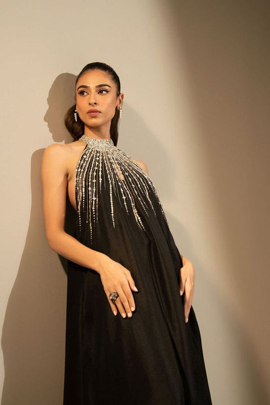 Black Crystal Embellished Dress | Raw Silk