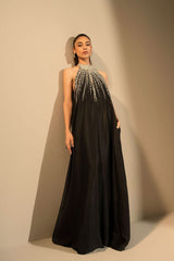 Black Crystal Embellished Dress | Raw Silk