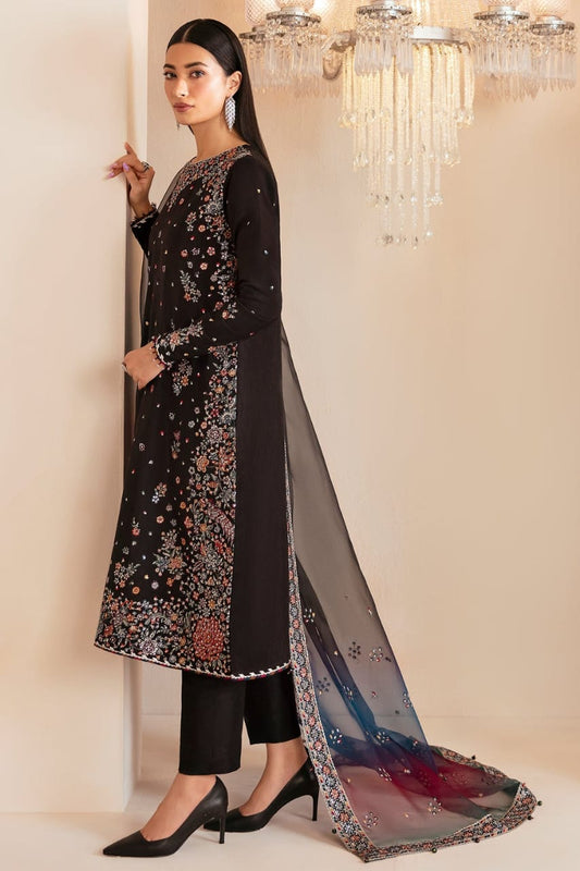 Jazmin | Embroidered Black Raw Silk - Tie & Dye Dupatta