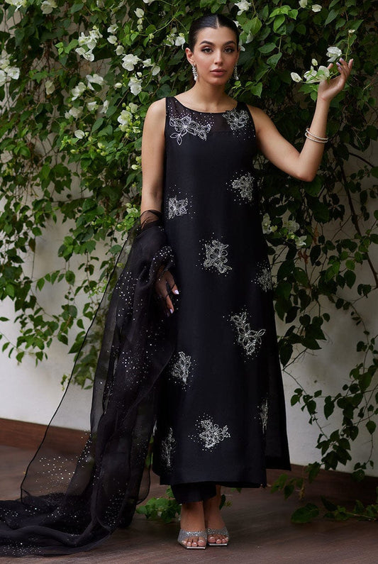 Farah Talib Aziz - Black Organza Embroidered Unstitched 3 Pieces