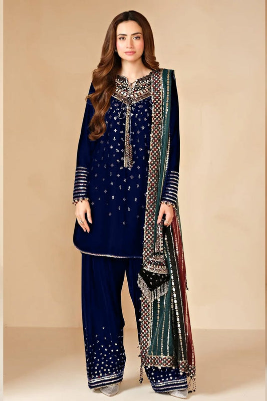 Baroque | Navy Blue - velvet - Multi Dupatta - Micro 9000