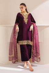 BAROQUE | EMBROIDERED VELVET PR-1023 - MAROON - MICRO 9000