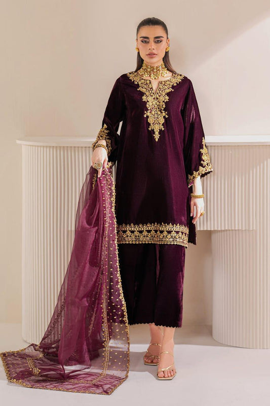 BAROQUE | EMBROIDERED VELVET PR-1023 - MAROON - MICRO 9000