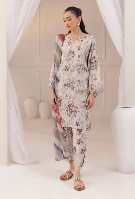 Baroque | Grey - Chickenkari Lawn with Chiffon Dupatta