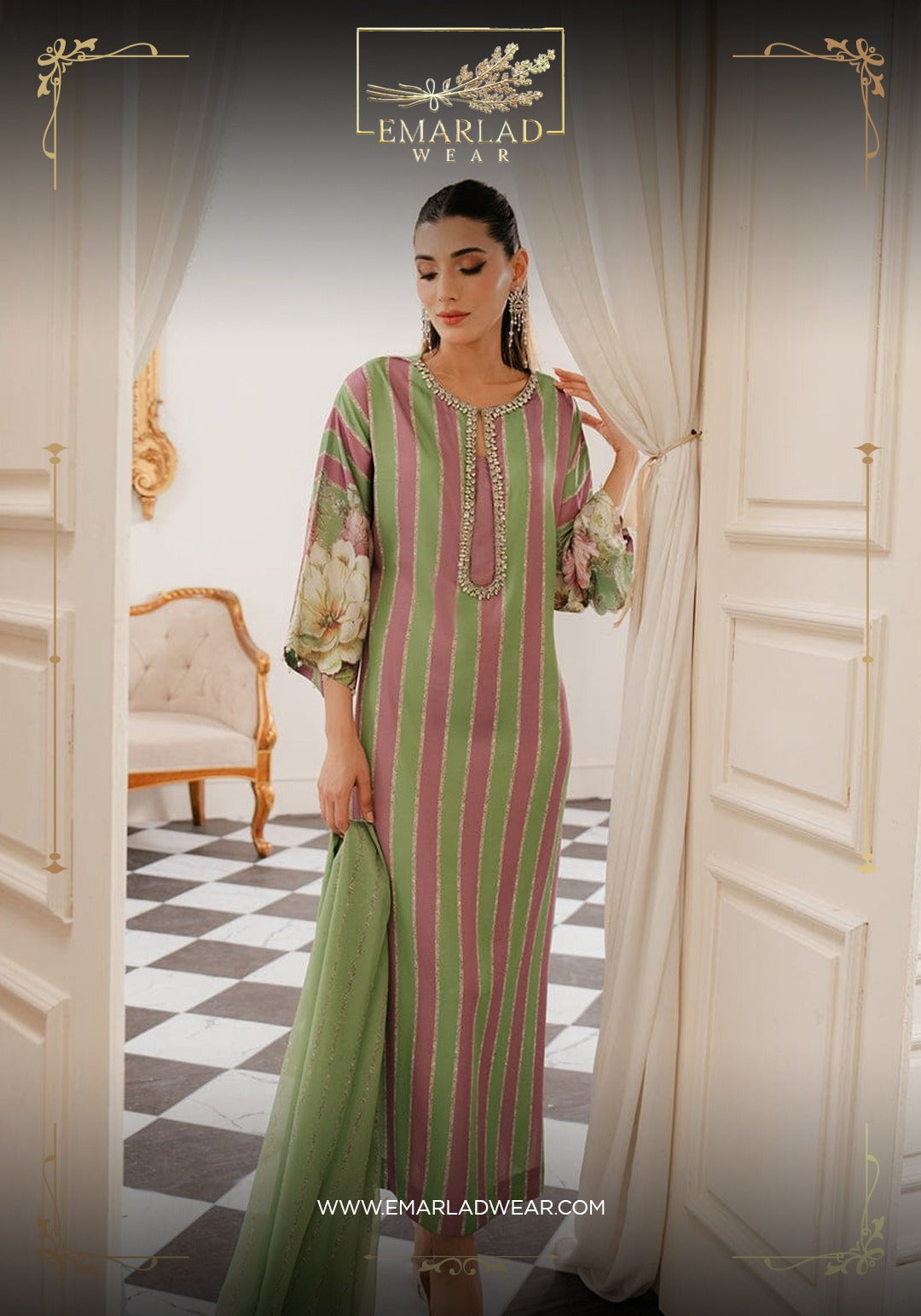 Lulusar Green stripe Silk Hand Work Party Wear Collection 3pc