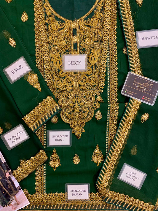 Asim Jofa Embroidered Chiffon Bottle Green 3 piece suit