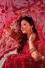 Designer Red Floral Embroidered Net Saree