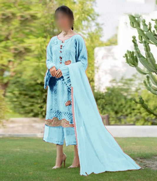 Zarqash Sky Blue Chikankari Embroidery Dress