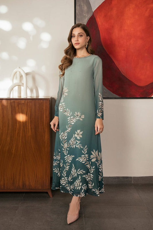 Lulusar Green tie n die  Digital Silk Embroidery Dress